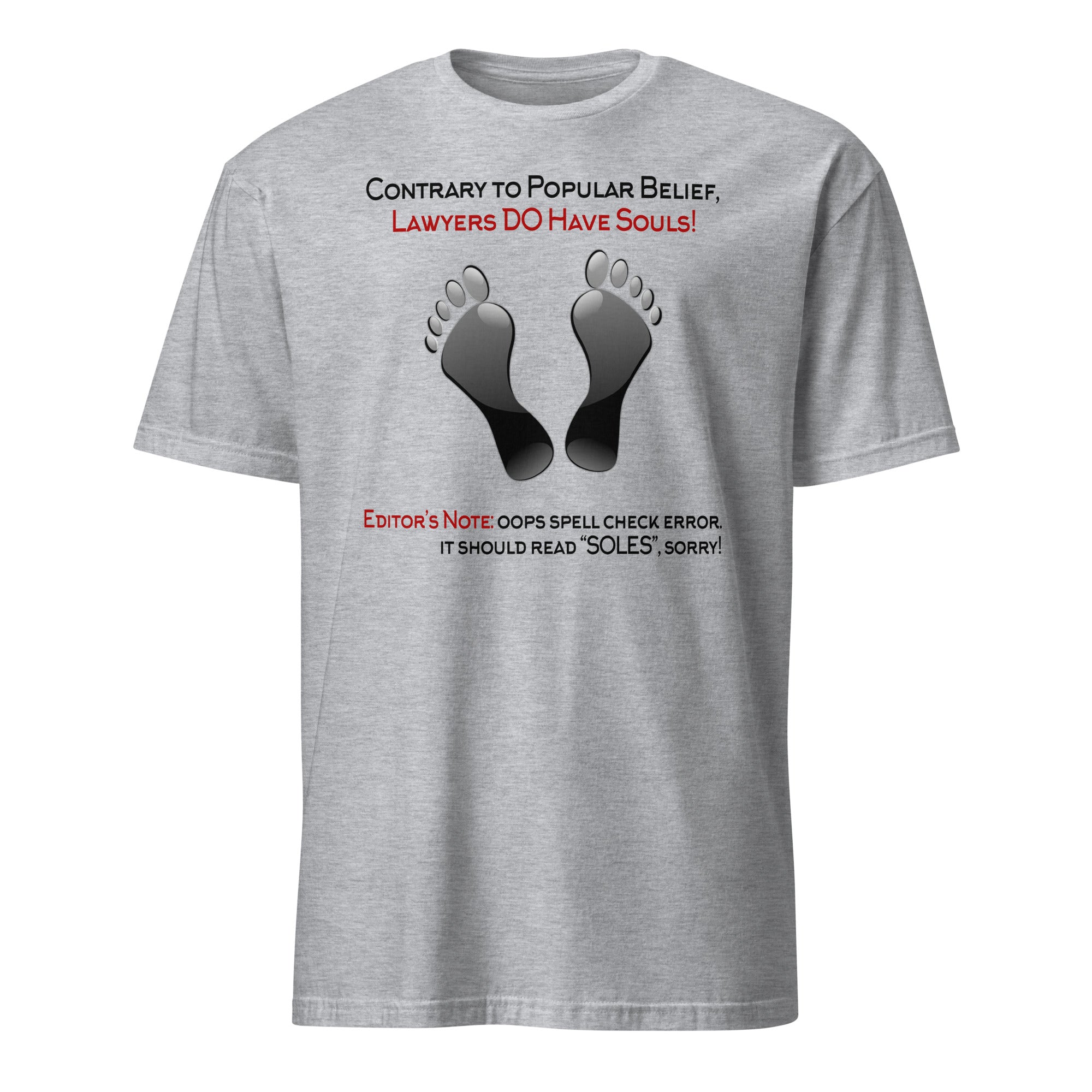 Gray t-shirt with text and footprints on a white background