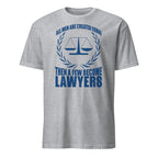 Gray t-shirt t-shirt with blue text and law scale graphic on a white background