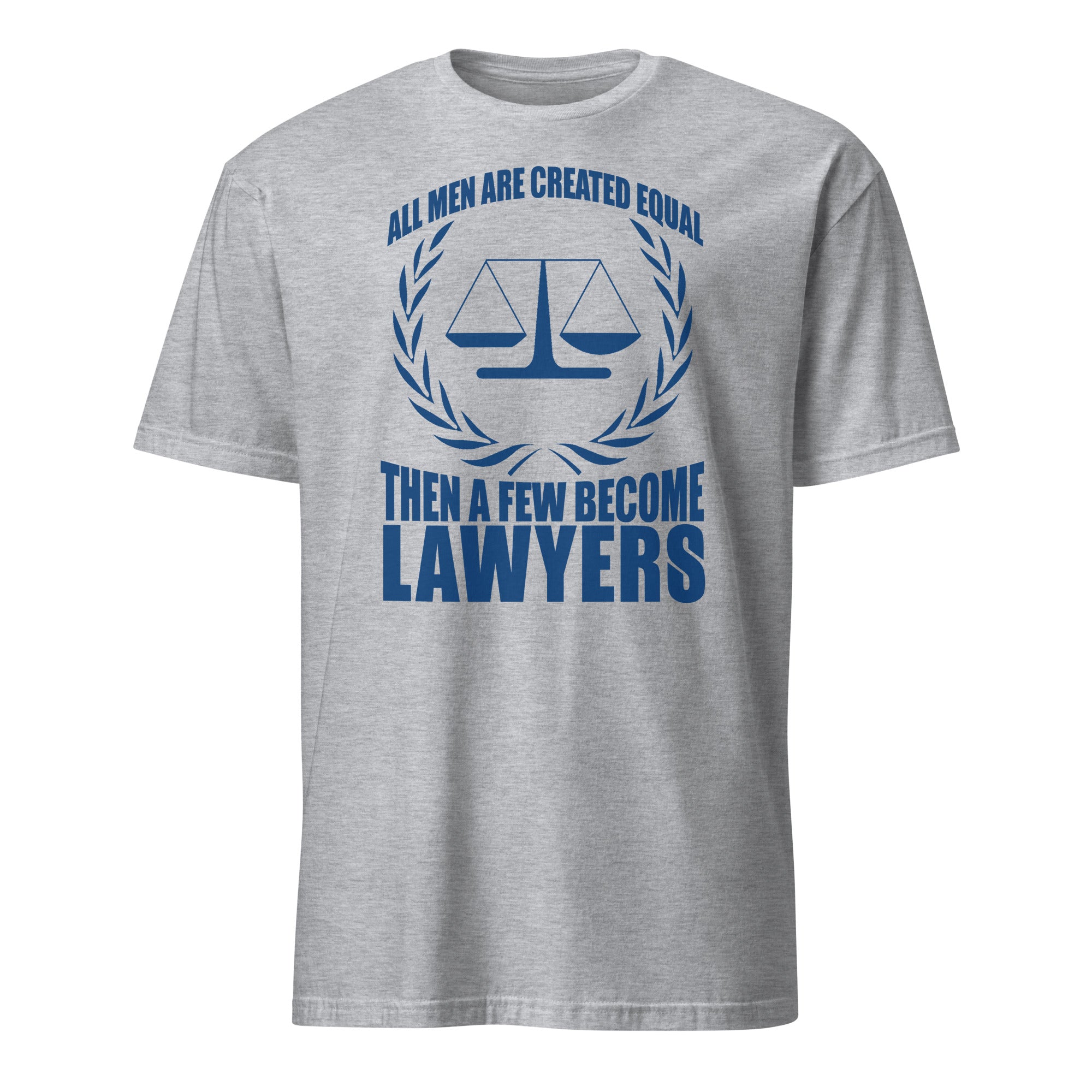 Gray t-shirt t-shirt with blue text and law scale graphic on a white background