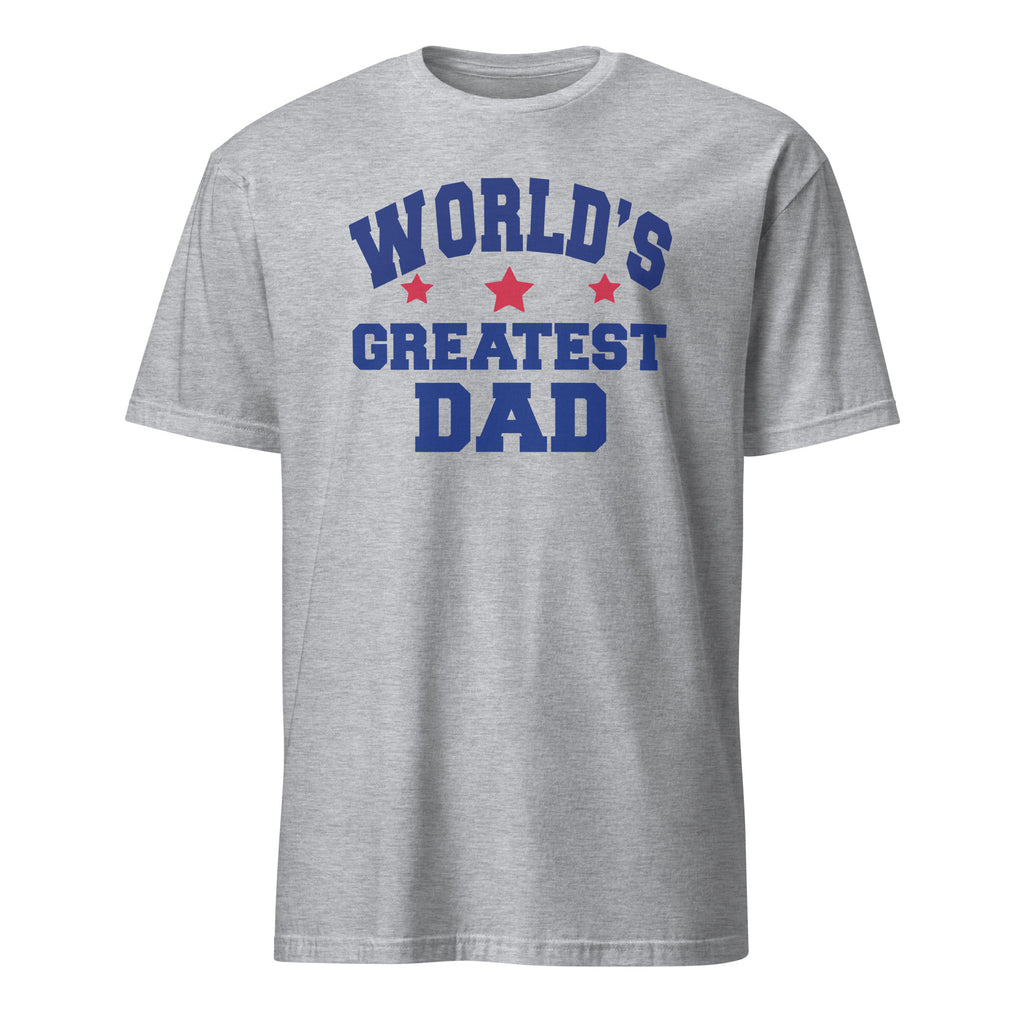 Sport Grey t-shirt with World's Greatest Dad Text and red star graphics on a white background