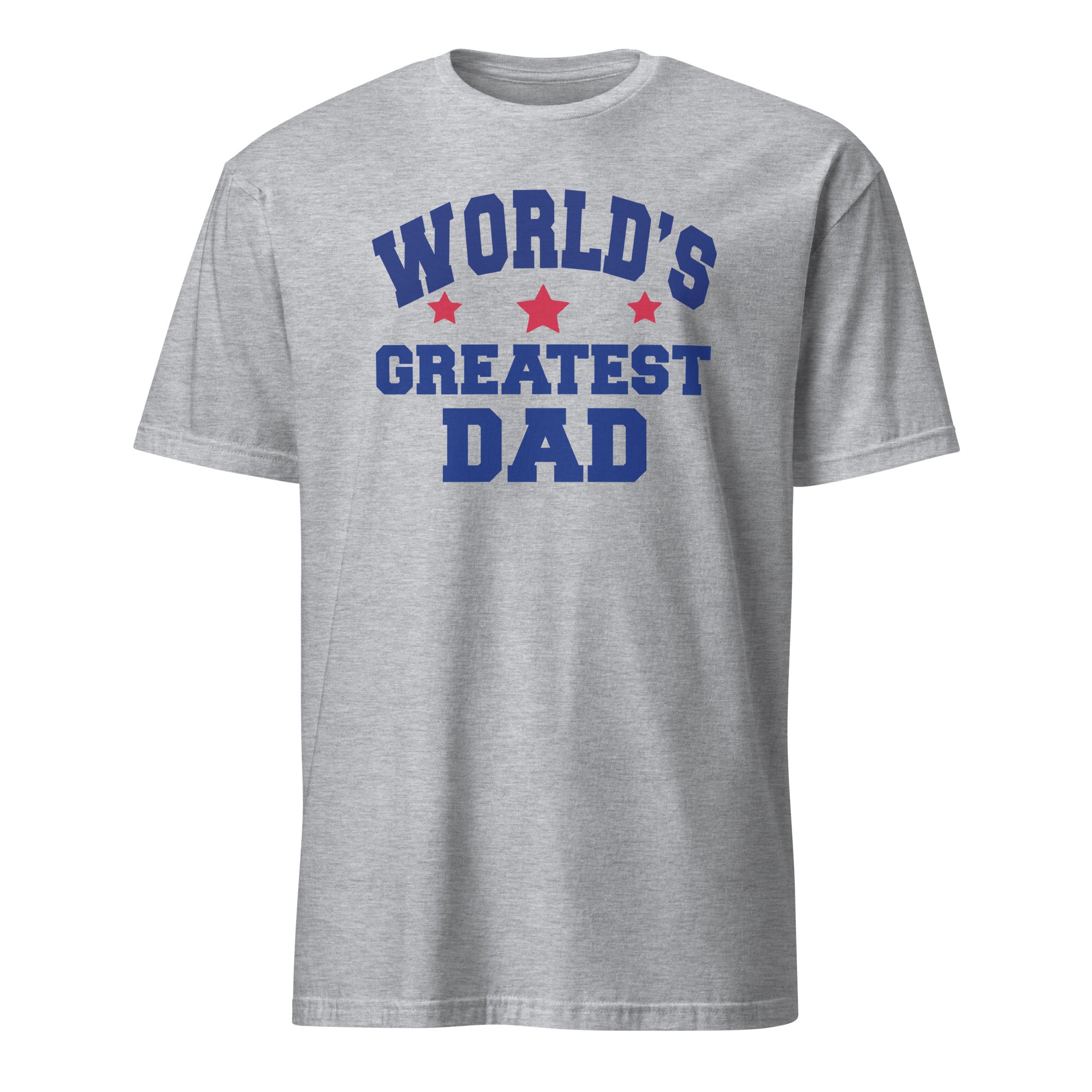 Sport Grey t-shirt with World's Greatest Dad Text and red star graphics on a white background