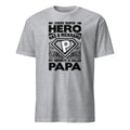 Sport Grey t-shirt with superhero-themed text and design on a white background