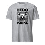 Sport Grey t-shirt with superhero-themed text and design on a white background