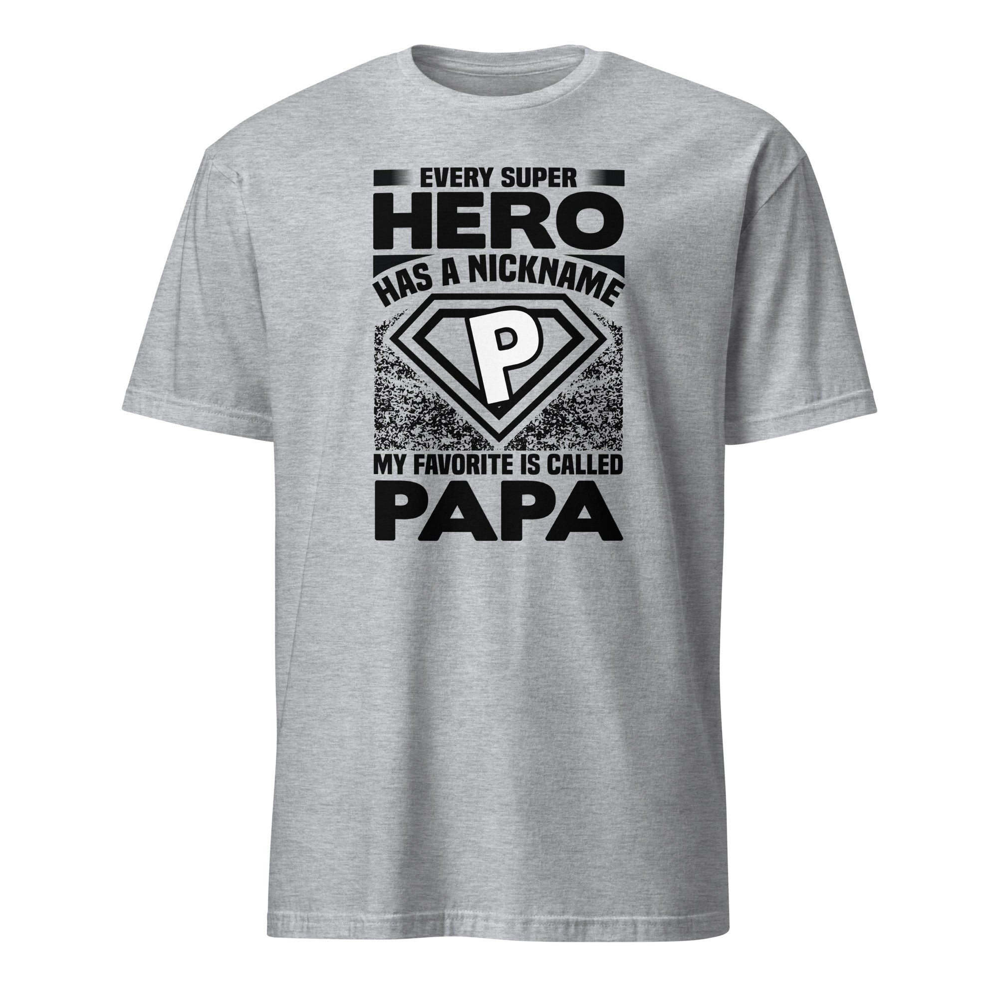 Sport Grey t-shirt with superhero-themed text and design on a white background
