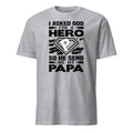 Sport Grey t-shirt with black I Asked God For A Hero So He Send Me My Papa text and a superhero logo on a white background