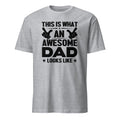 Sport Grey t-shirt with black text 'This is what an awesome dad looks like' on a white background