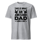 Sport Grey t-shirt with black text 'This is what an awesome dad looks like' on a white background