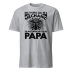 Sport Grey t-shirt with black graphic and Most People Call Me a Mechanic, The Most Important Call Me Papa text on a white background