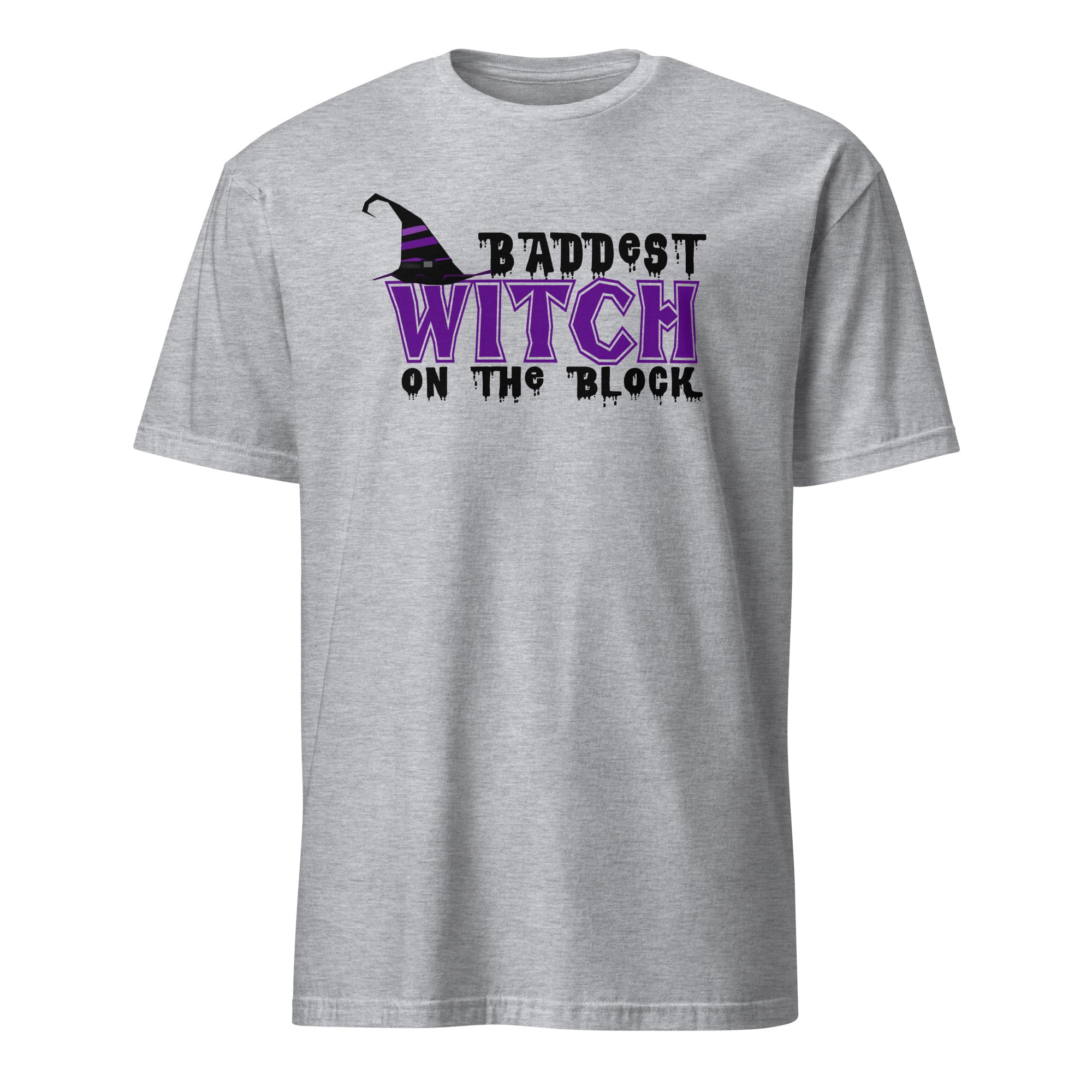 Sport Grey Unisex Halloween t-shirt with “Baddest Witch on the Block” witch-themed design