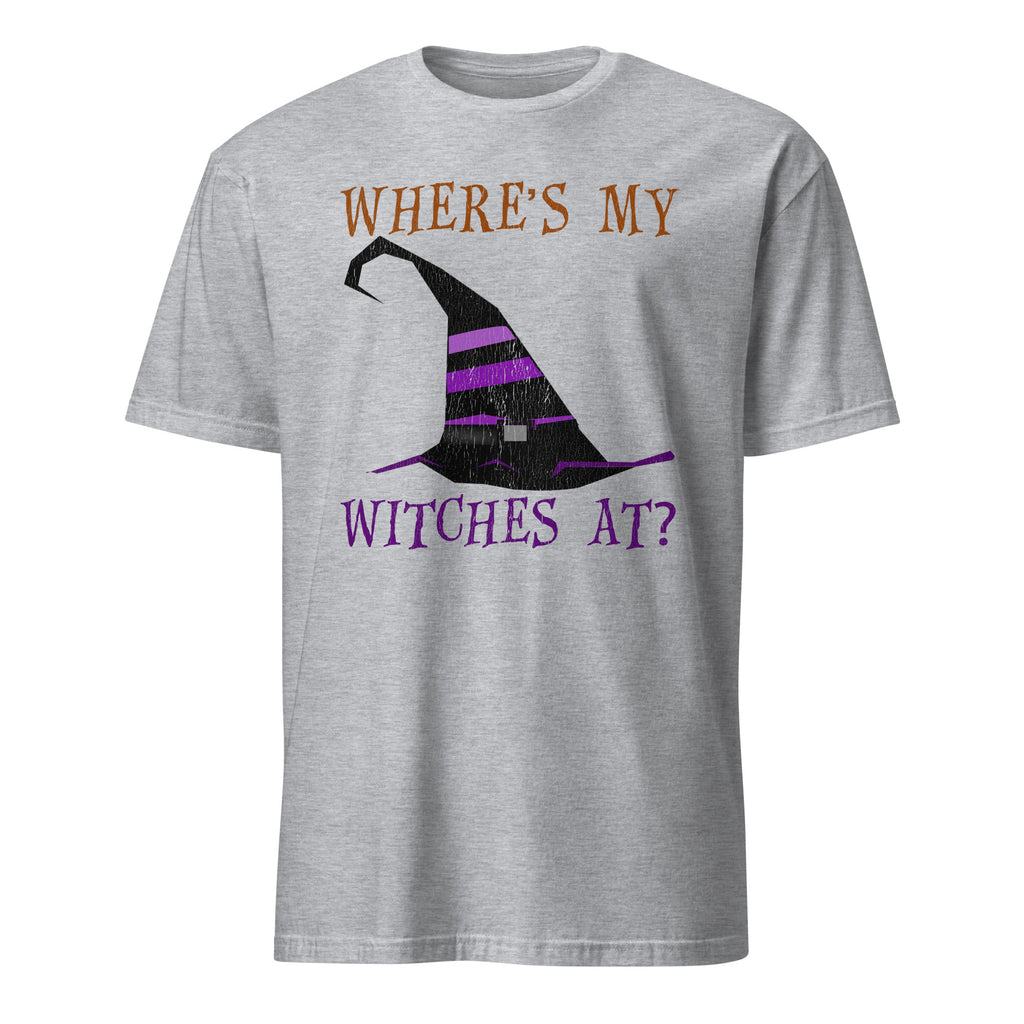 A sport grey short-sleeve crewneck t-shirt featuring a graphic of a black and purple striped witch hat with the text 'WHERE'S MY WITCHES AT?' in brown and purple lettering.