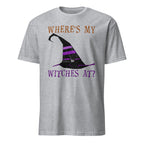 A sport grey short-sleeve crewneck t-shirt featuring a graphic of a black and purple striped witch hat with the text 'WHERE'S MY WITCHES AT?' in brown and purple lettering.
