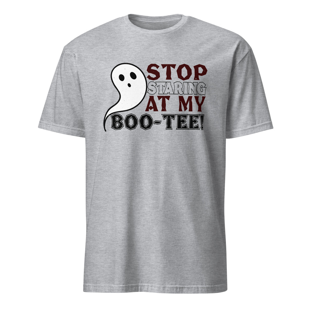 A sport grey short-sleeve crewneck t-shirt featuring a graphic on the front with a white cartoon ghost and the text 'STOP STARING AT MY BOO-TEE!' in red, gray, and black.