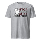 A sport grey short-sleeve crewneck t-shirt featuring a graphic on the front with a white cartoon ghost and the text 'STOP STARING AT MY BOO-TEE!' in red, gray, and black.