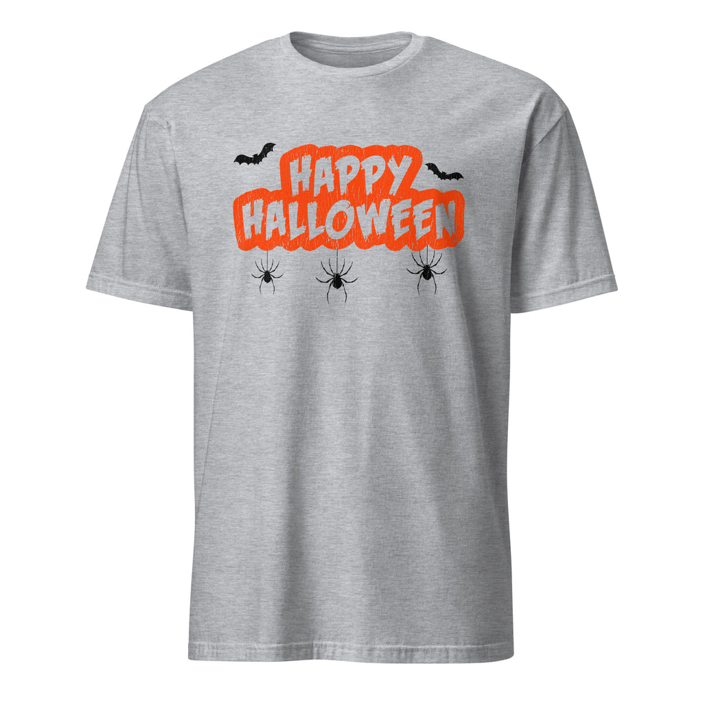 A sport grey short-sleeve crewneck t-shirt featuring a 'Happy Halloween' graphic on the chest. The graphic has 'Happy Halloween' written in white letters inside a bright orange cloud outline, with three black spiders and two black bats flying around it.