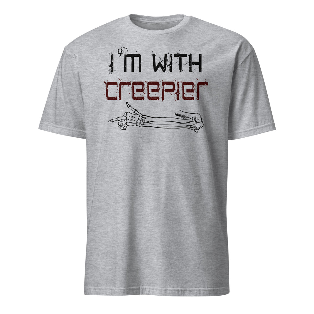 A sport grey short-sleeve t-shirt with a graphic print on the chest that reads 'I'm with creeper' in black and dark red distressed lettering, above a black skeletal arm pointing forward, shown on a plain white background.