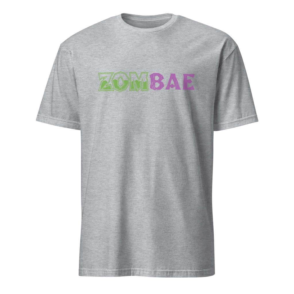 A sport grey short-sleeve crewneck t-shirt featuring the word 'ZOMBIE' stylized in green outline letters, with 'BAE' in solid purple letters, printed across the chest.