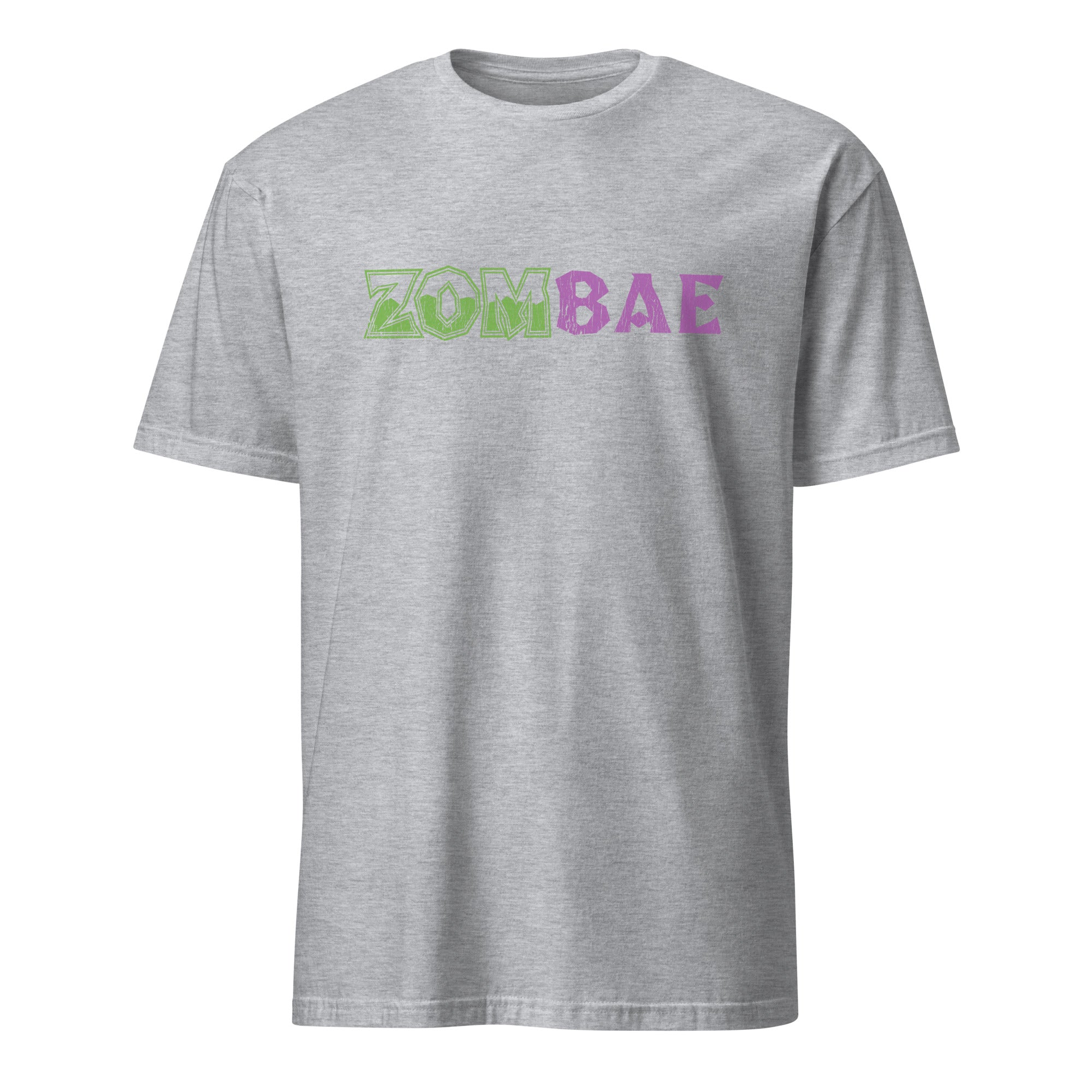 A sport grey short-sleeve crewneck t-shirt featuring the word 'ZOMBIE' stylized in green outline letters, with 'BAE' in solid purple letters, printed across the chest.