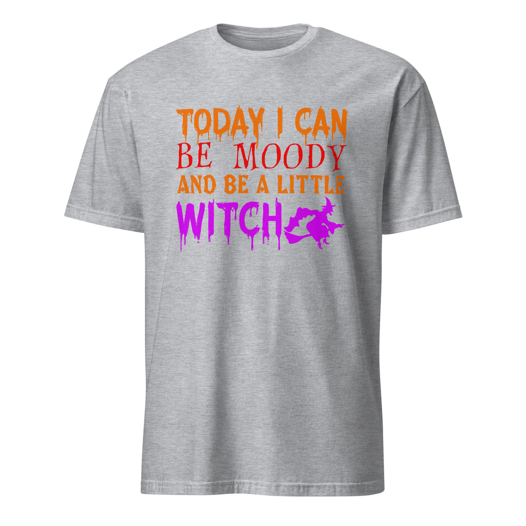 A sport grey short-sleeve t-shirt with a colorful graphic text print on the chest reading 'TODAY I CAN BE MOODY AND BE A LITTLE WITCH' in orange, red, and purple dripping fonts, alongside a small purple witch silhouette.