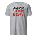 A sport grey short-sleeve t-shirt with a graphic text print reading 'HANDSOME little DEVIL' in black and red on the chest, displayed on a solid white background.