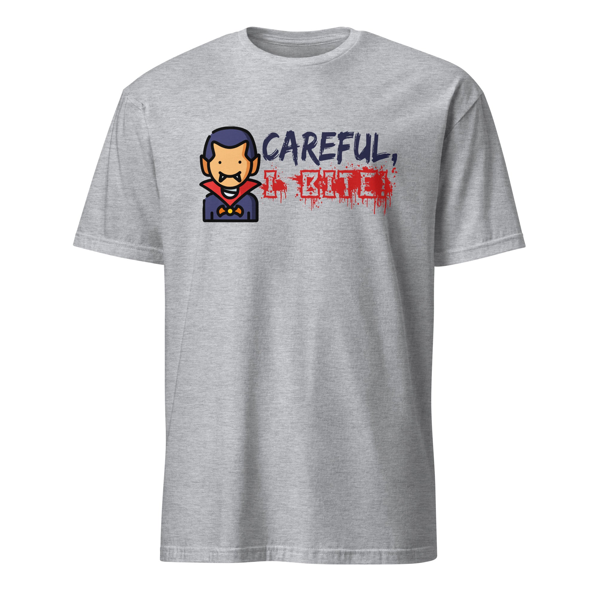A sport grey short-sleeve crewneck t-shirt featuring a graphic print of a cartoon vampire character and the text 'CAREFUL, A KILLER' in gray and red dripping font.
