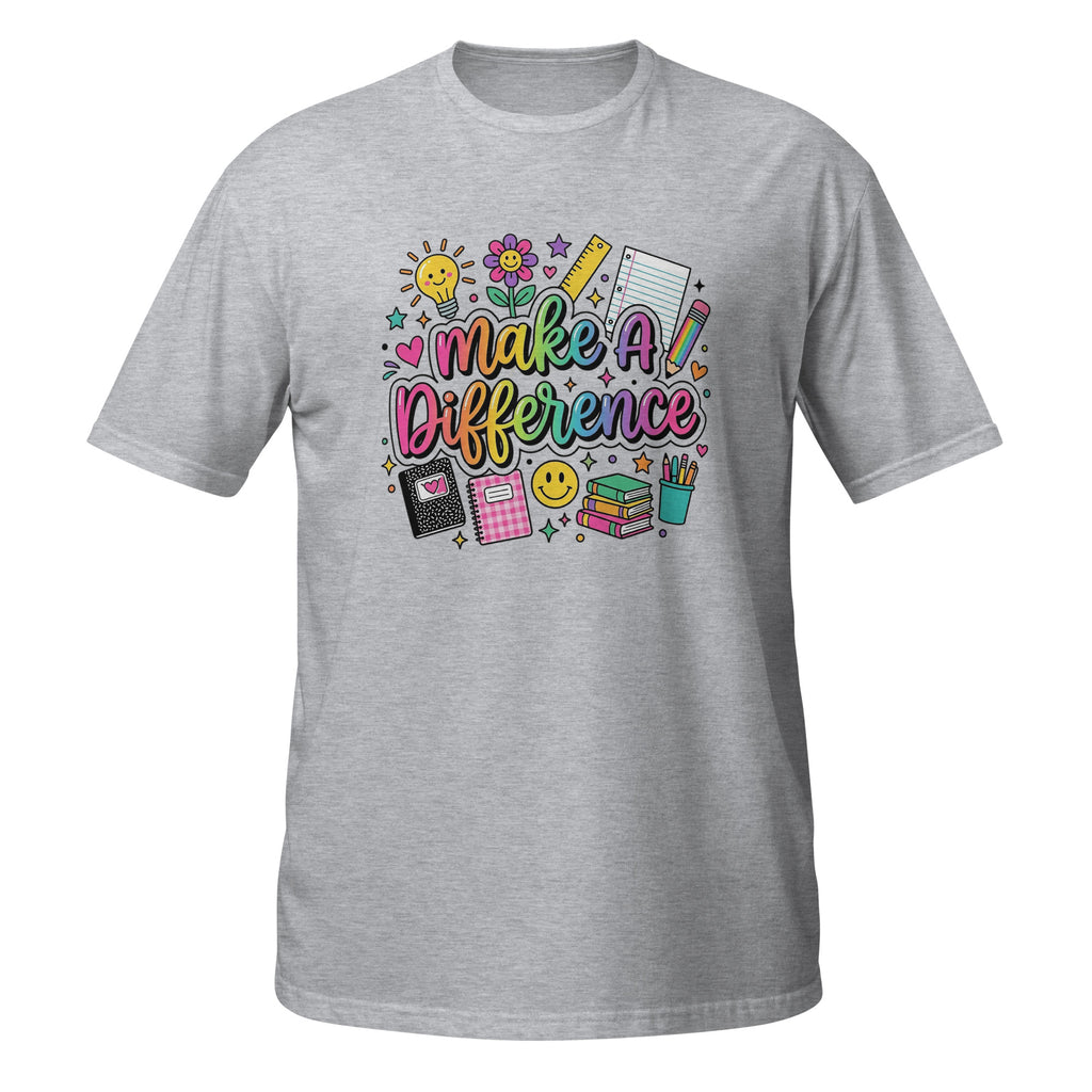 A heather gray short-sleeve crewneck t-shirt featuring a colorful graphic on the chest that reads 'Make A Difference' surrounded by school-themed doodles like a lightbulb, ruler, notebook, and pencils.