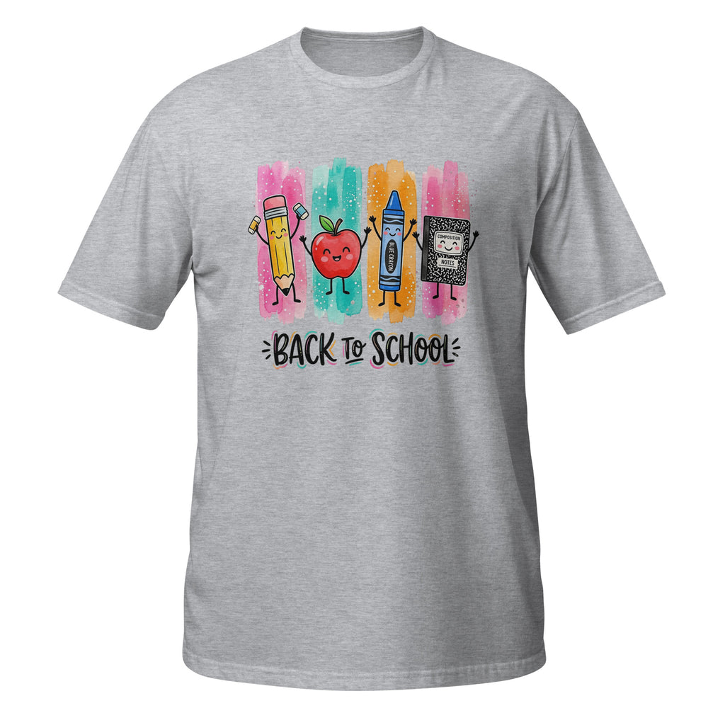 A heather gray short-sleeve t-shirt with a colorful 'Back to School' graphic on the chest, featuring cartoon drawings of a pencil, apple, crayon, and computer on a white background.