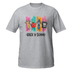 A heather gray short-sleeve t-shirt with a colorful 'Back to School' graphic on the chest, featuring cartoon drawings of a pencil, apple, crayon, and computer on a white background.