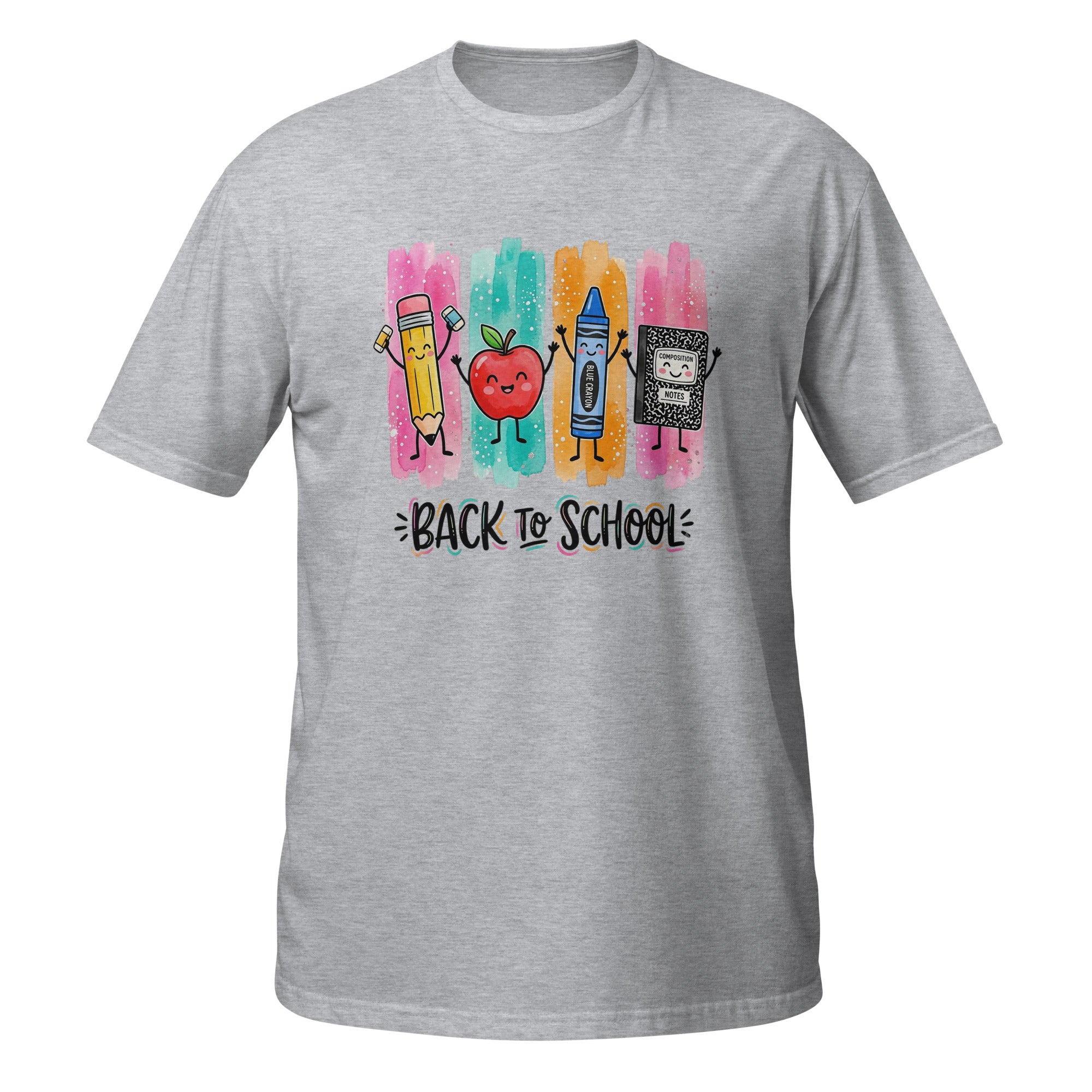 A heather gray short-sleeve t-shirt with a colorful 'Back to School' graphic on the chest, featuring cartoon drawings of a pencil, apple, crayon, and computer on a white background.
