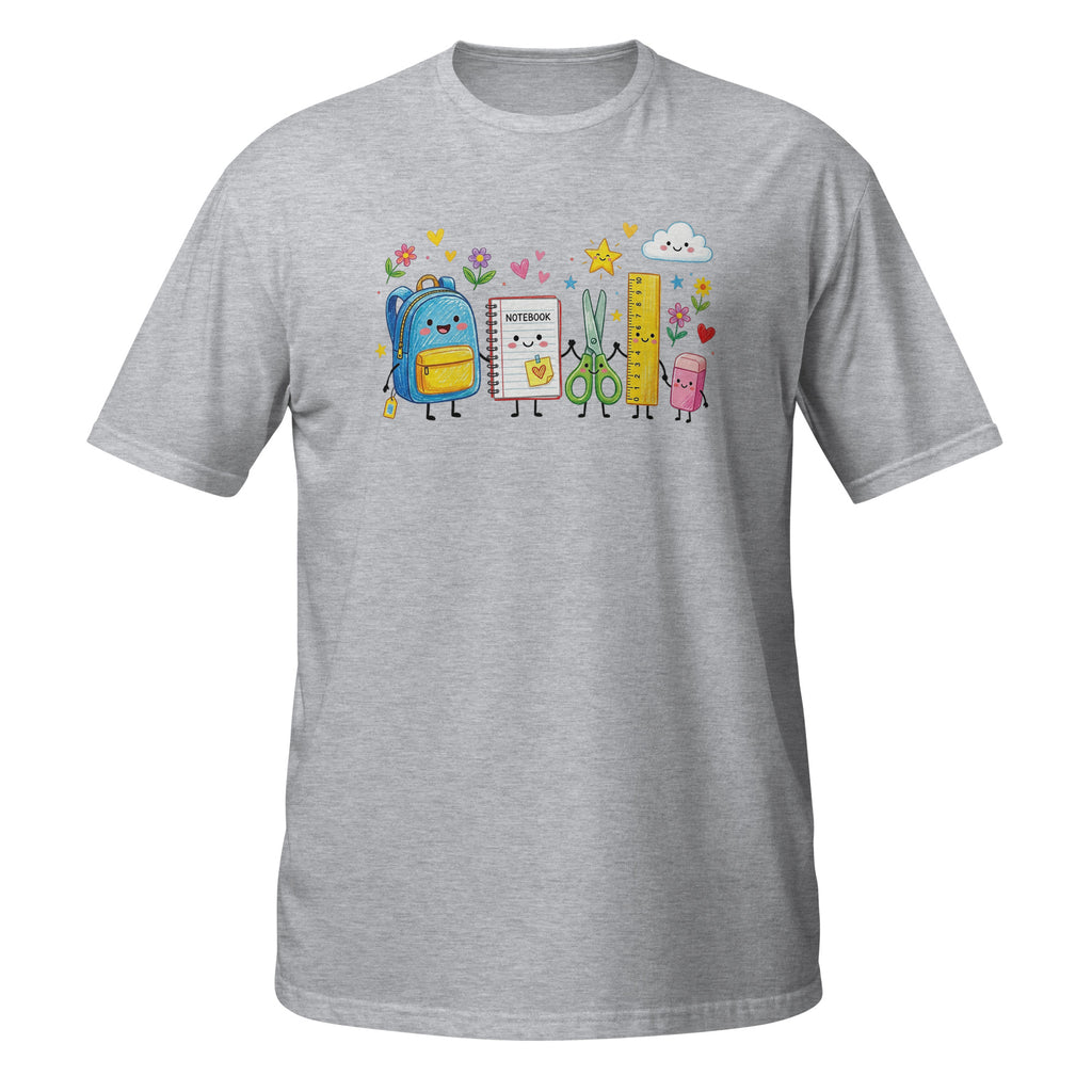 A heather gray short-sleeve crewneck t-shirt featuring a colorful cartoon graphic of school supplies, including a blue backpack, yellow notebook, scissors, ruler, and pink cloud, on the chest.
