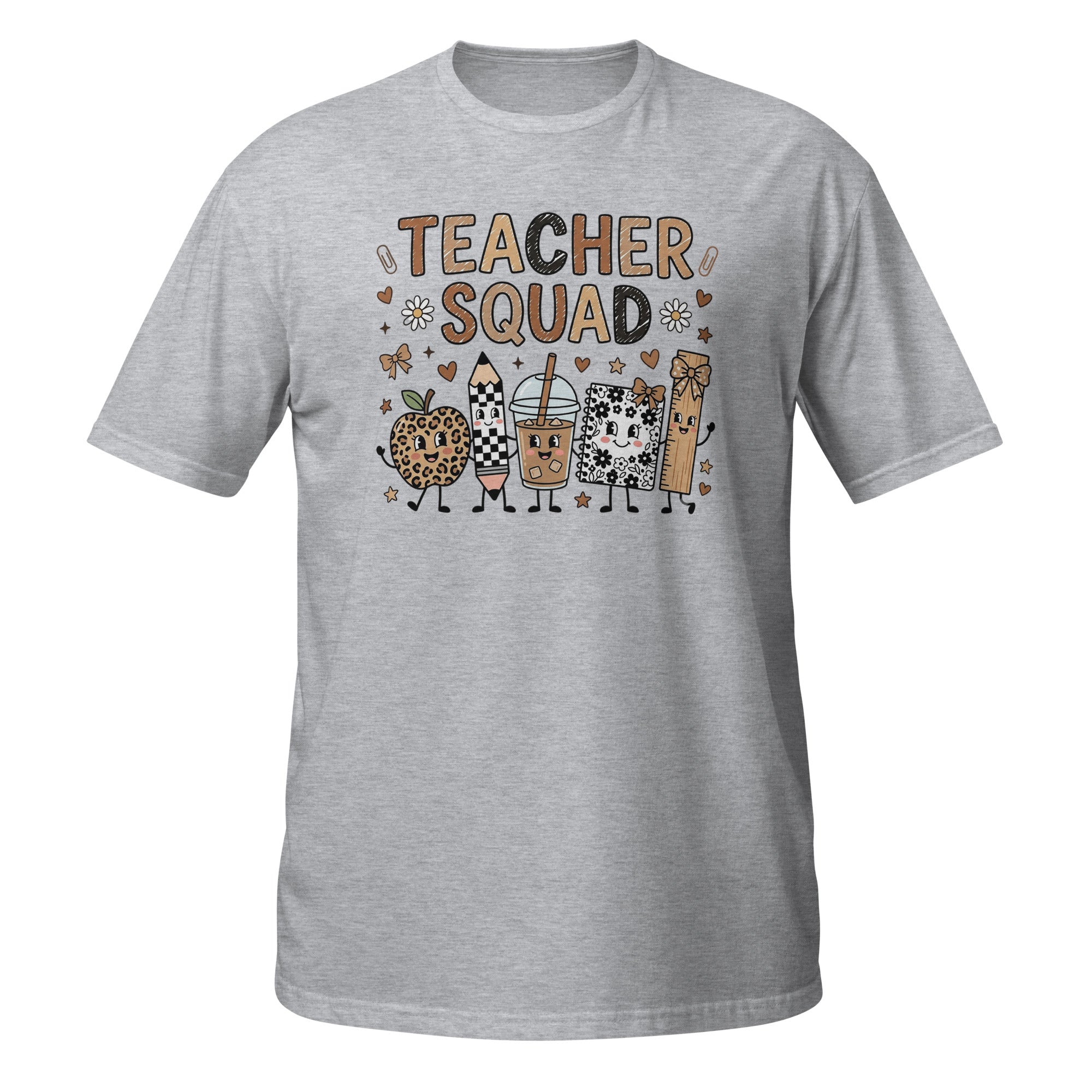 A heather gray short-sleeve t-shirt with a 'TEACHER SQUAD' graphic on the chest, featuring cute cartoon drawings of a leopard-print apple, a checkered pencil, a coffee cup, a cat-shaped highlighter, and a pencil case.