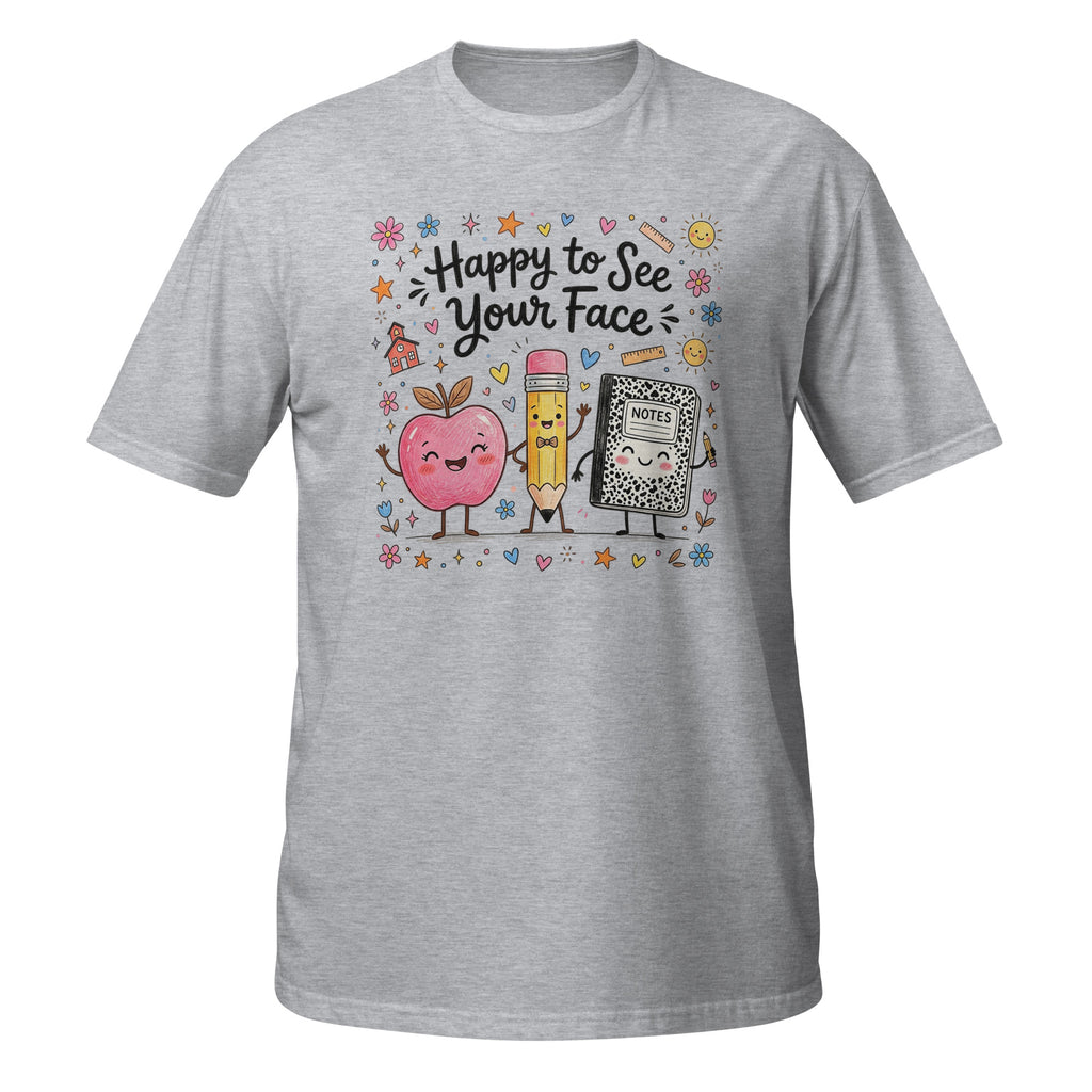 A heather gray short-sleeve t-shirt with a colorful graphic on the chest that reads 'Happy to See Your Face' above three cute cartoon characters, shown on a plain white background.