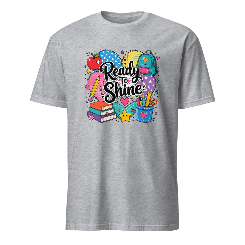 A heather gray short-sleeve t-shirt with a colorful school-themed graphic on the chest that reads 'Ready to Shine' surrounded by illustrations of an apple, backpack, books, and stationery.