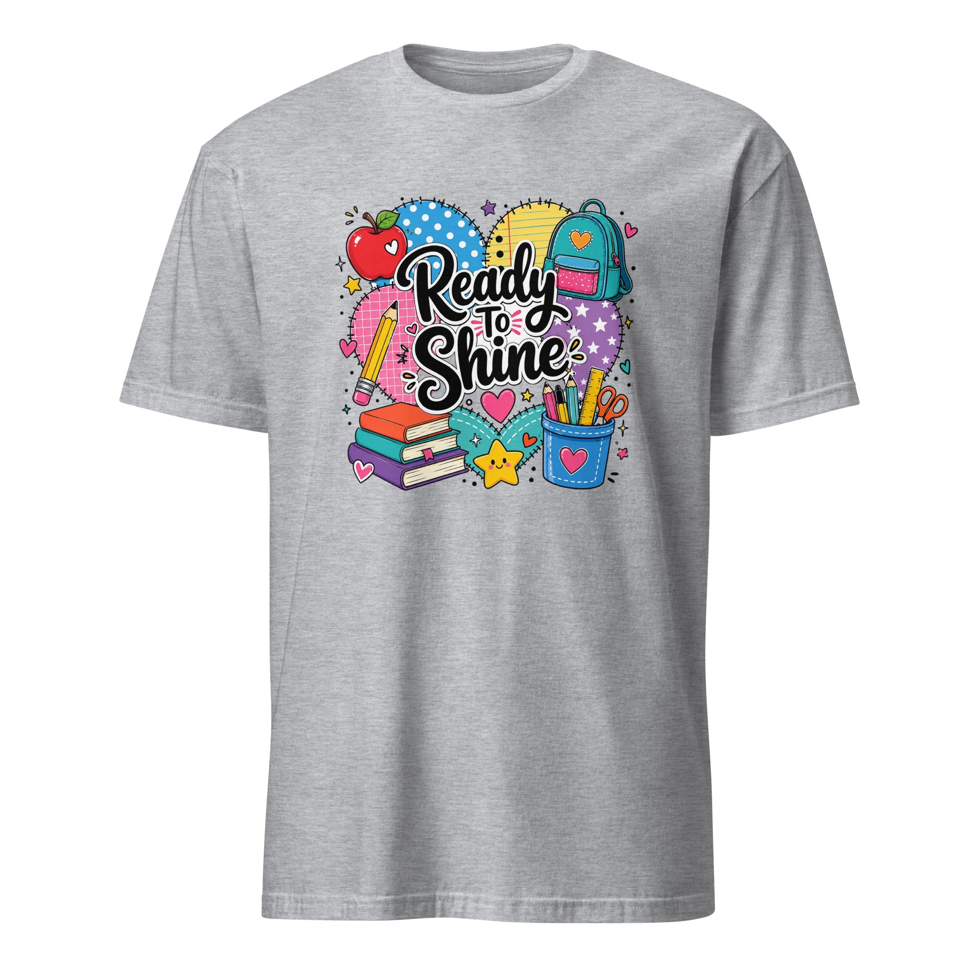 A heather gray short-sleeve t-shirt with a colorful school-themed graphic on the chest that reads 'Ready to Shine' surrounded by illustrations of an apple, backpack, books, and stationery.