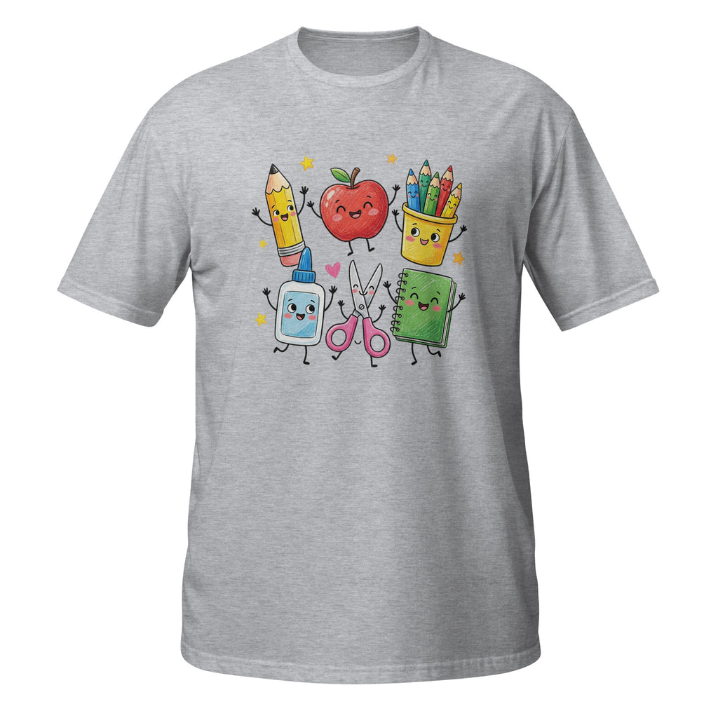A heather gray short-sleeve t-shirt with a colorful graphic of cute, cartoon-style school supplies and a apple on the chest, displayed on a solid white background.