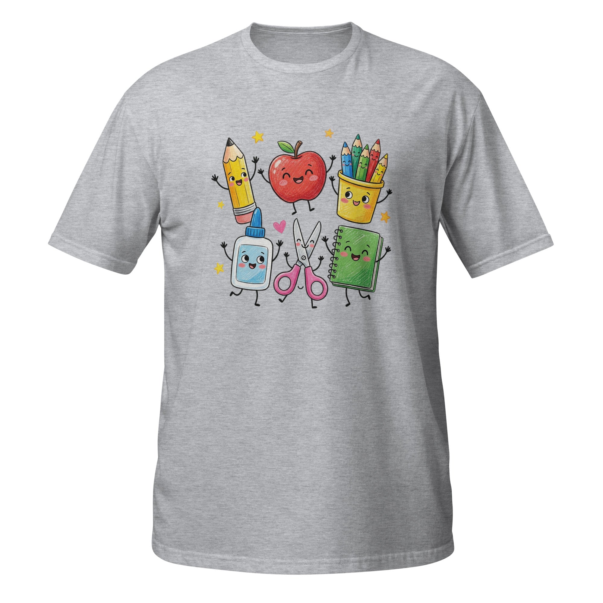 A heather gray short-sleeve t-shirt with a colorful graphic of cute, cartoon-style school supplies and a apple on the chest, displayed on a solid white background.