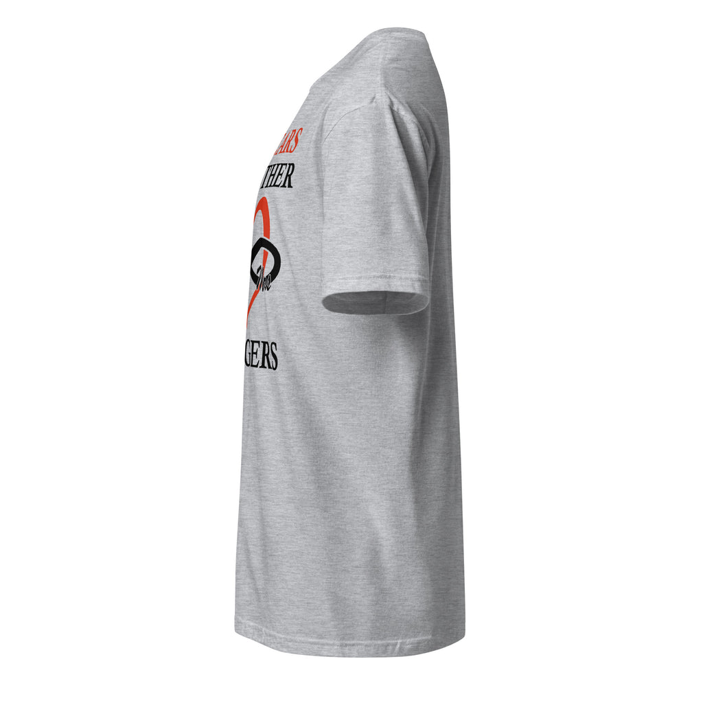 Sports Grey t-shirt left side with a logo on the front against a white background