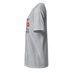 Left view of a graphite heather t-shirt on a white background