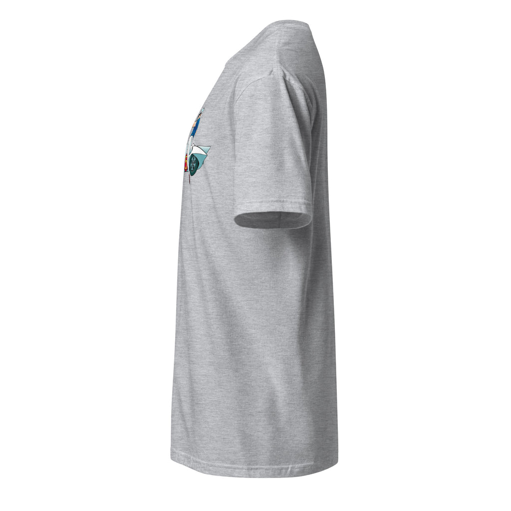 Left view of a sport grey t-shirt against a white background