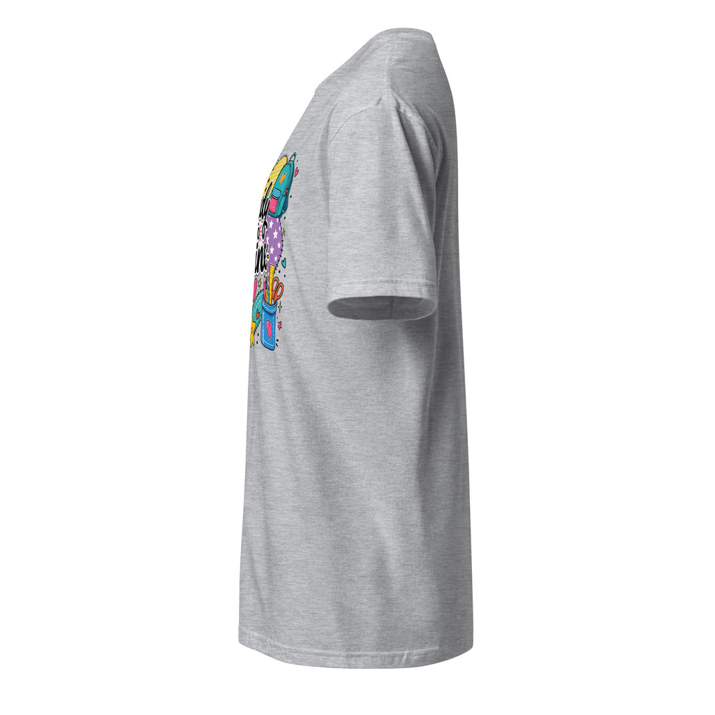 A heather gray short-sleeve t-shirt shown from a side profile view, featuring a colorful graphic print on the front.