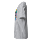 A heather gray short-sleeve t-shirt shown from a side profile view, featuring a colorful graphic print on the front.