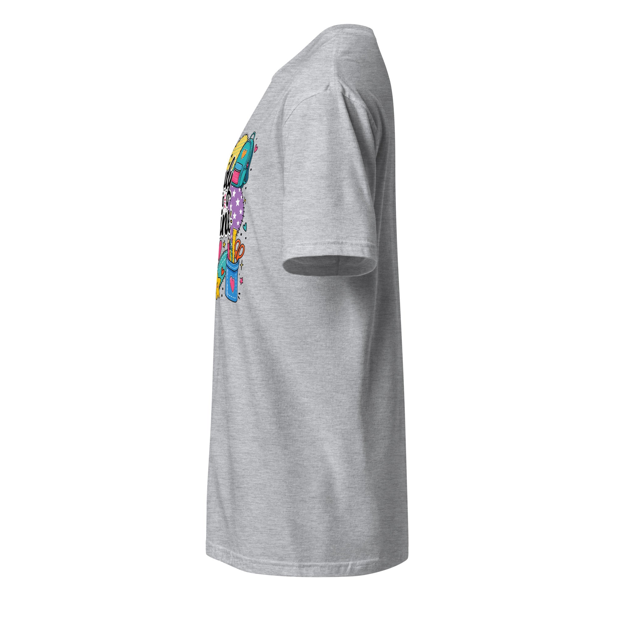 A heather gray short-sleeve t-shirt shown from a side profile view, featuring a colorful graphic print on the front.