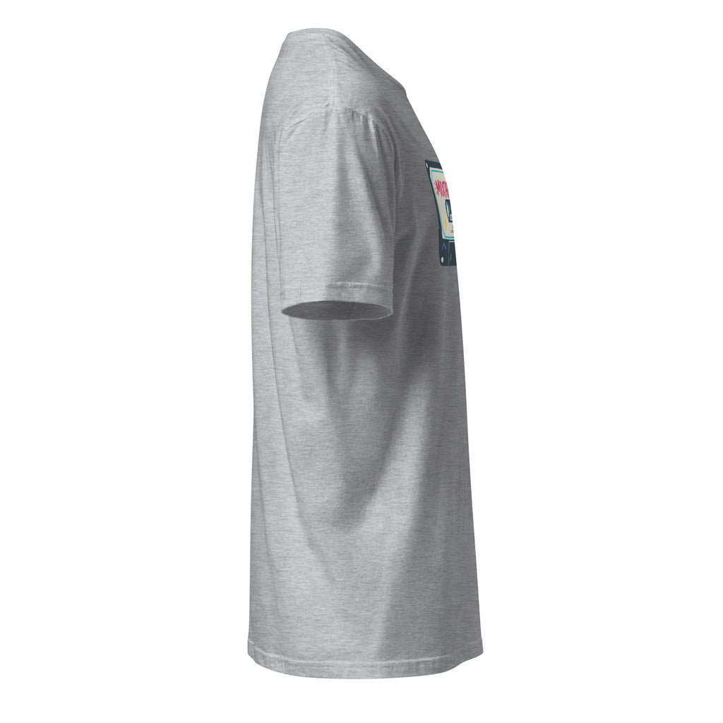 Right view of a sport grey t-shirt against a white background