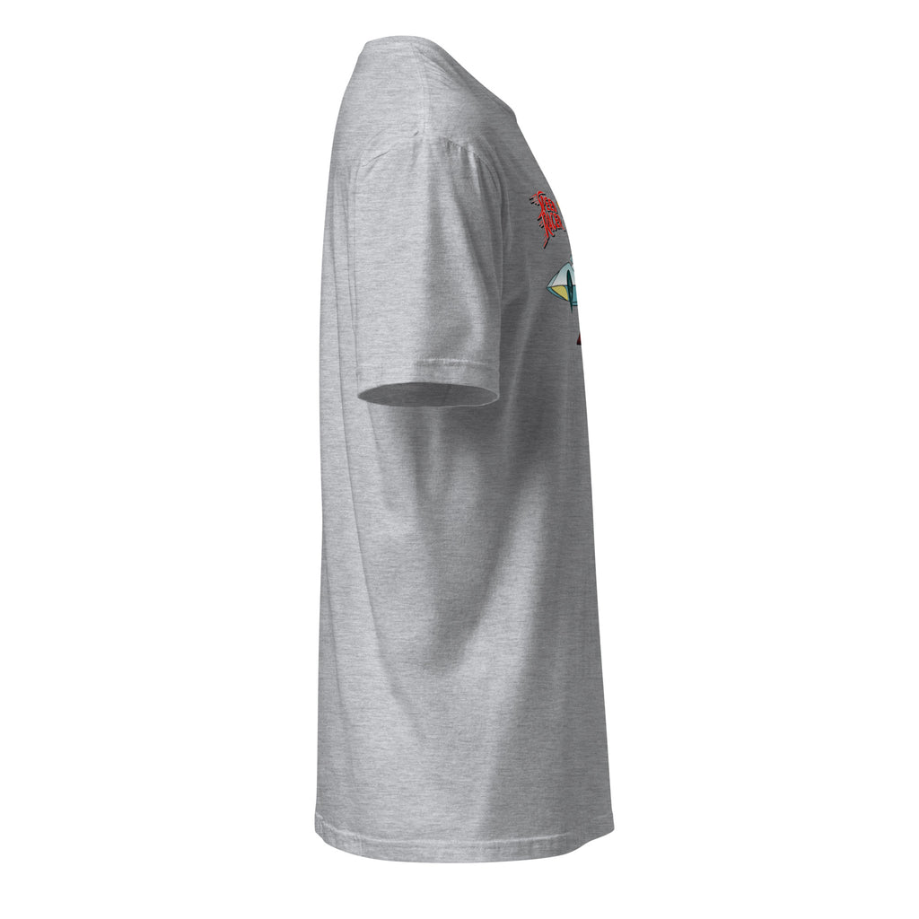 Right view of a sport grey t-shirt against a white background