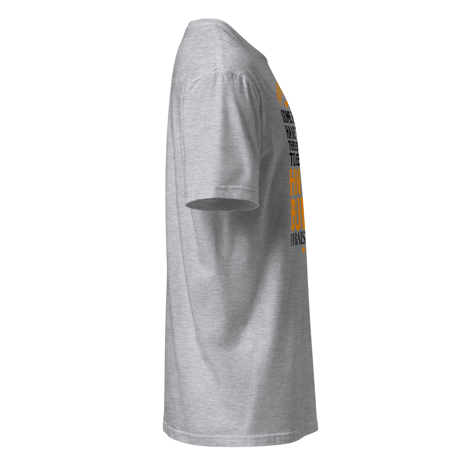 Gray t-shirt with a logo on the sleeve against a white background