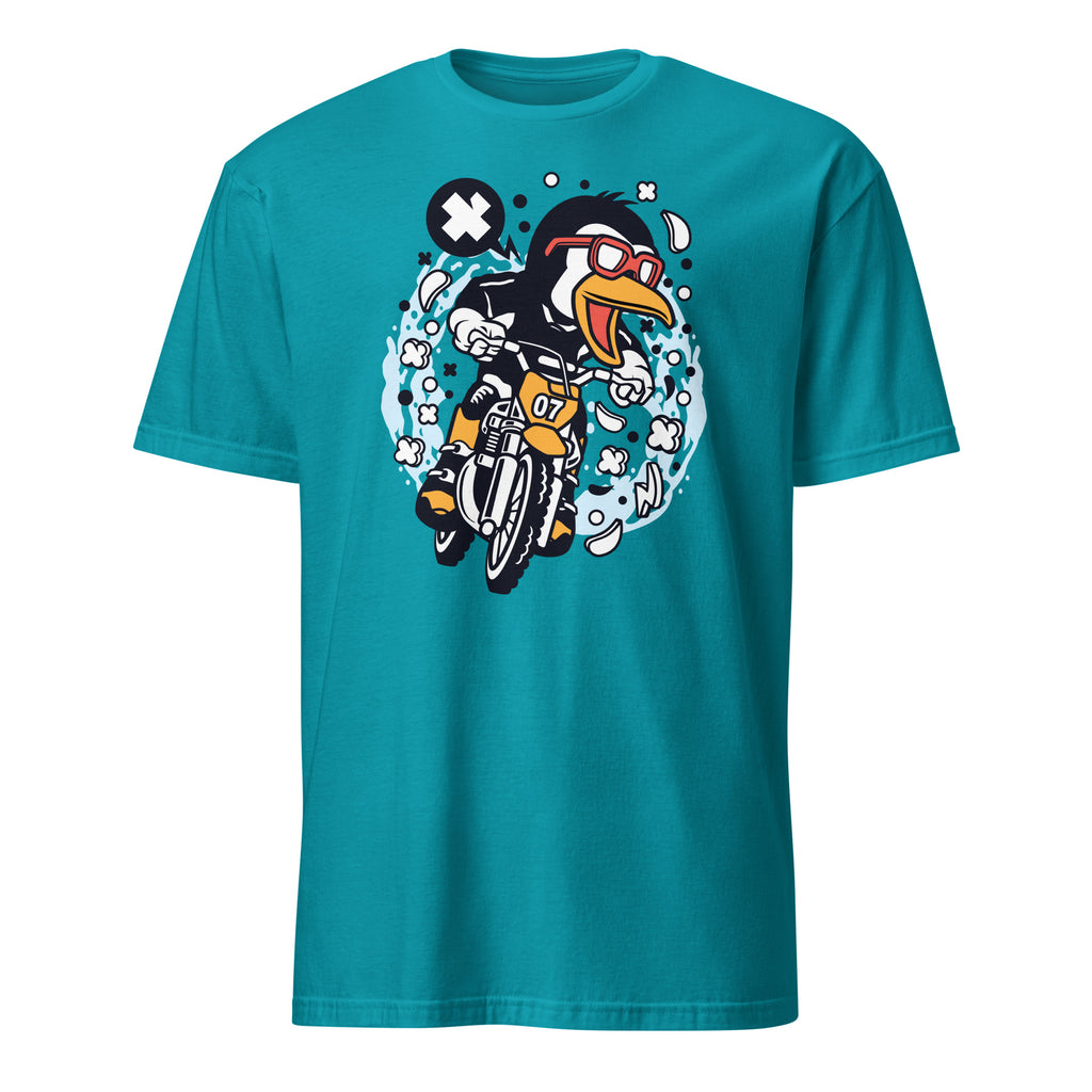 Teal t-shirt with a graphic of a penguin cartoon character on a motorcycle on a white background