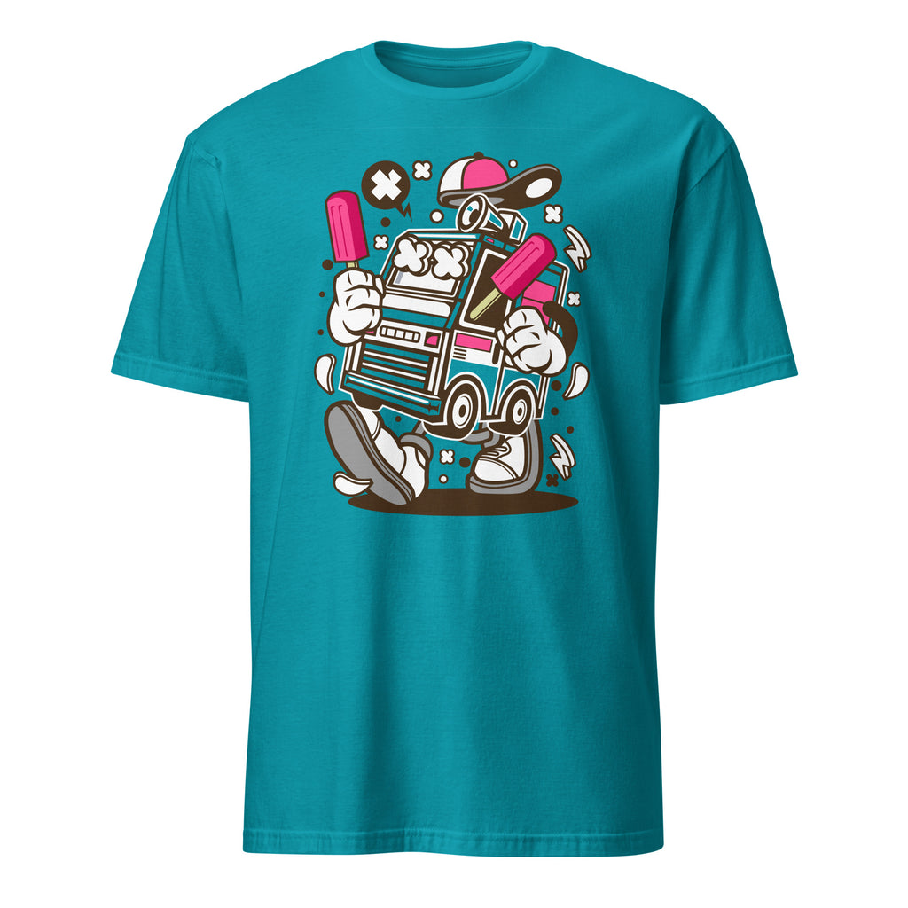 Teal t-shirt with a cartoon character holding popsicles on a white background