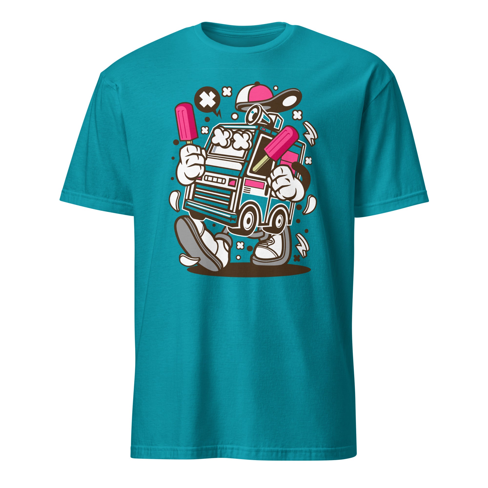 Teal t-shirt with a cartoon character holding popsicles on a white background