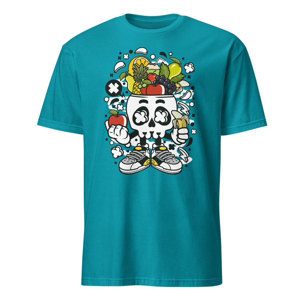 Tropical Blue t-shirt with a skull design wearing sneakers and surrounded by fruits on a white background