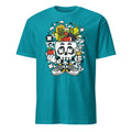 Tropical Blue t-shirt with a skull design wearing sneakers and surrounded by fruits on a white background