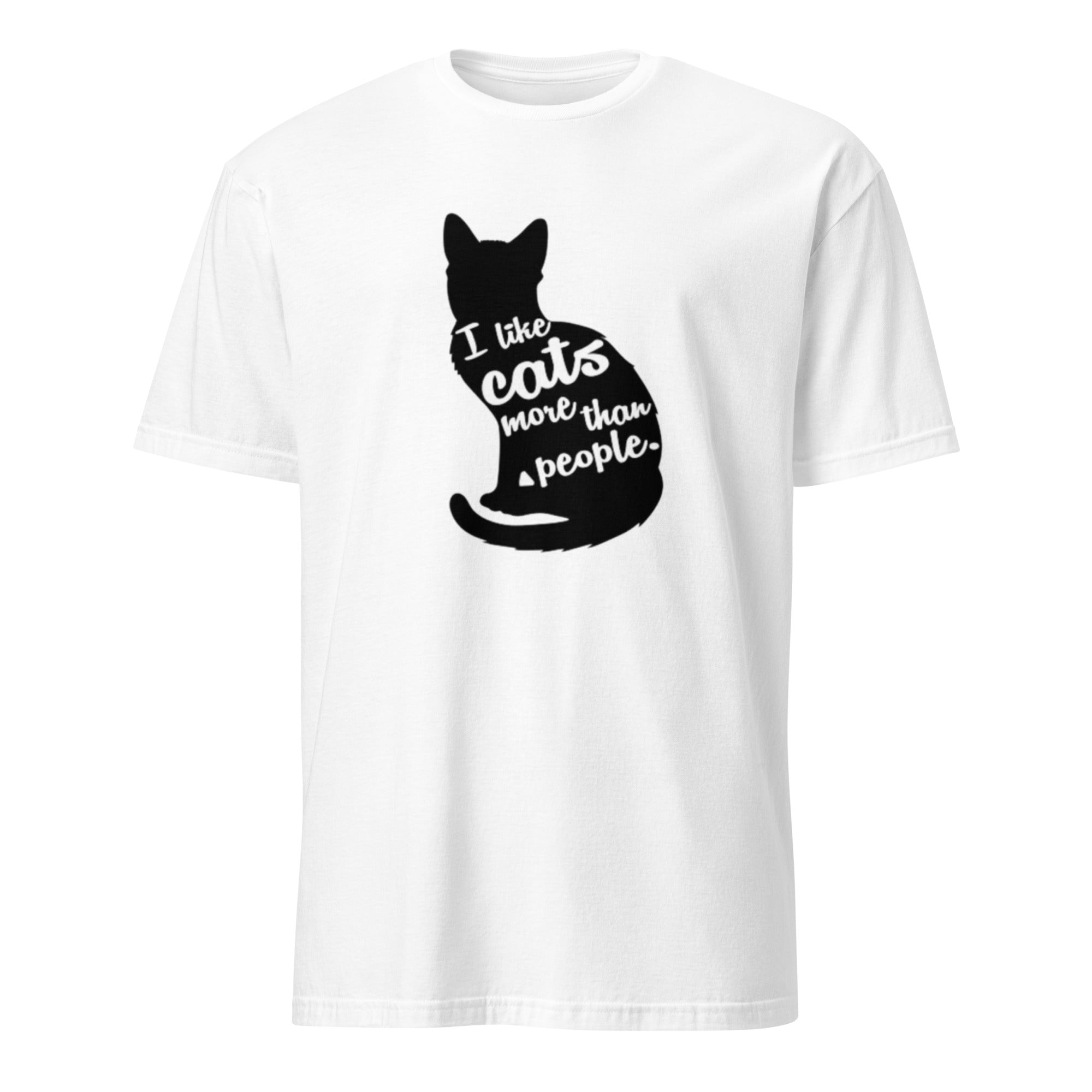 White t-shirt with a black cat silhouette and I Like Cats More Than People text on a white background